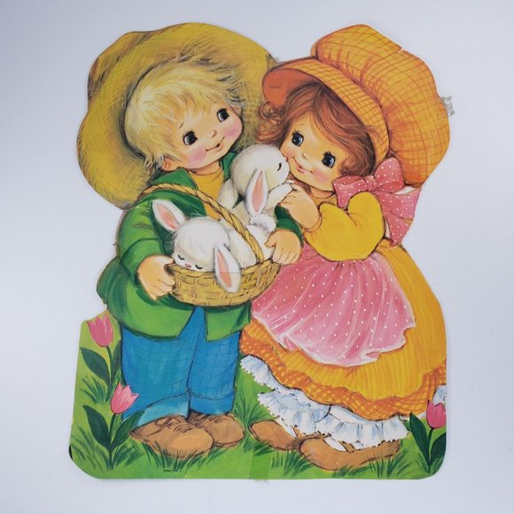 Vintage Easter Die Cut Boy Girl Bunny Rabbit Decoration Spring Ephemera - Picture 2 of 7